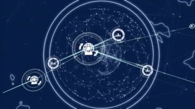 Dünya üzerindeki simgelerle bağlantı ağının animasyonu. küresel bağlantılar, veri işleme ve dijital arayüz konsepti dijital olarak oluşturulmuş video.