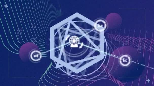 Animace Sítě Spojů Ikonami Nad Trojúhelníky Geometrickými Figurami Globální Připojení — Stock video