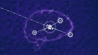 İnsan beyni üzerindeki simgelerle bağlantı ağının animasyonu. küresel bağlantılar, veri işleme ve dijital arayüz konsepti dijital olarak oluşturulmuş video.