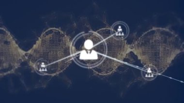 DNA iplikçikleri üzerinde insan ikonlarıyla bağlantı ağının animasyonu. küresel bağlantılar, veri işleme ve dijital arayüz konsepti dijital olarak oluşturulmuş video.