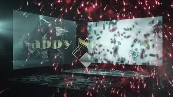 Animáció Tűzijáték Boldog Évet Képernyők Adatfeldolgozás Mikrobák Újév Ünnep Technológia — Stock videók