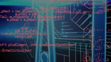 Kırmızı ve siyah uzayda entegre devre üzerinden veri işleme animasyonu. küresel teknoloji, veri işleme ve dijital arayüz konsepti dijital olarak oluşturulmuş video.