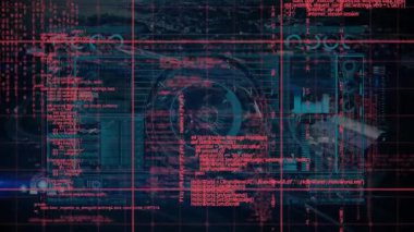 Çeşitli veriler ve şehir manzarası ile ekranda veri işleme animasyonu. küresel teknoloji, veri işleme ve dijital arayüz konsepti dijital olarak oluşturulmuş video.