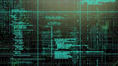 Yeşil ve siyah uzayda entegre devre üzerinden veri işleme animasyonu. küresel teknoloji, veri işleme ve dijital arayüz konsepti dijital olarak oluşturulmuş video.