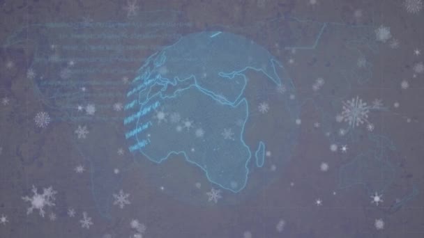 在紫色背景下 雪花在旋转的地球上的动画 圣诞节 技术和数据处理概念数码制作的视频 — 图库视频影像