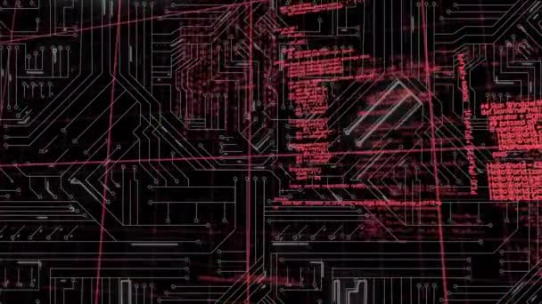 赤と黒の空間に集積回路上のデータ処理のアニメーション 世界規模の技術 データ処理 デジタルインターフェースの概念がデジタルで生成されたビデオ — ストック動画