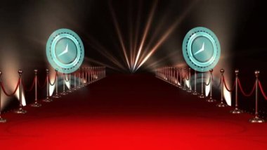 Kırmızı halı ve ışıkların üzerinde hareket eden saatlerin animasyonu. Sinematografi, film ödülleri ve dijital olarak üretilen kutlama konsepti.