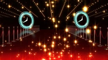 Kırmızı halıda altın noktalar ve hareket eden saatlerin animasyonu. Sinematografi, film ödülleri ve dijital olarak üretilen kutlama konsepti.