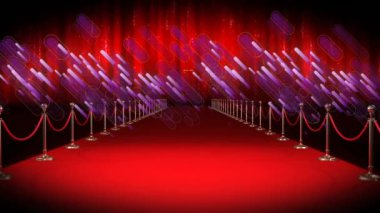 Yüzen mor şekillerin animasyonu ve kazanan yazı ve kırmızı halı. Sinematografi, film ödülleri ve dijital olarak üretilen kutlama konsepti.