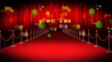 Yüzen çok renkli noktaların animasyonu ve kazanan yazı ve kırmızı halı. Sinematografi, film ödülleri ve dijital olarak üretilen kutlama konsepti.