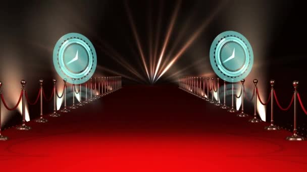 Animação Relógios Movendo Sobre Tapete Vermelho Luzes Cinematografia Prêmios Cinema — Vídeo de Stock