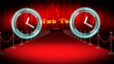 Hareket eden saatlerin animasyonu sona erdi ve kazanan yazı ve kırmızı halı. Sinematografi, film ödülleri ve dijital olarak üretilen kutlama konsepti.