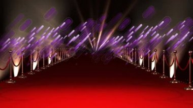 Kırmızı halı ve ışıkların üzerindeki mor şekillerin animasyonu. Sinematografi, film ödülleri ve dijital olarak üretilen kutlama konsepti.