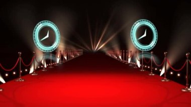 Kırmızı halı ve ışıkların üzerinde hareket eden saatlerin animasyonu. Sinematografi, film ödülleri ve dijital olarak üretilen kutlama konsepti.