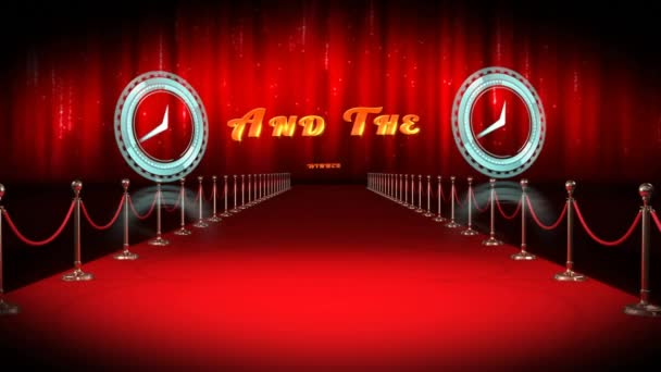 移动时钟的动画结束了 获胜者是文字和红地毯 电影制作 电影奖及数码影片制作的庆祝概念 — 图库视频影像