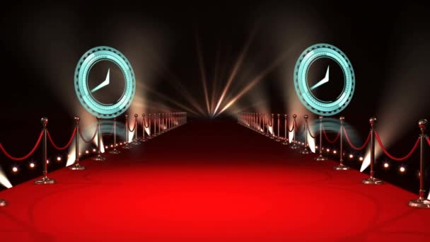 时钟在红地毯和灯火上移动的动画 电影制作 电影奖及数码影片制作的庆祝概念 — 图库视频影像