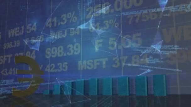 Animation Des Rotierenden Euro Symbols Über Finanzdaten Grafiken Und Globus — Stockvideo