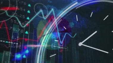 Saat ve dünya haritası üzerinde grafiklerin ve finansal verilerin animasyonu. küresel finans, ekonomi, iş ve dijital arayüz kavramı dijital olarak oluşturulmuş video.