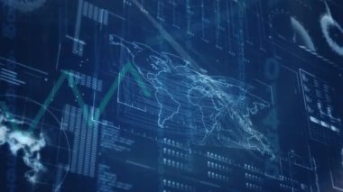 Mavi ekrandaki dünya haritasında grafiklerin ve finansal verilerin animasyonu. küresel finans, ekonomi, iş ve dijital arayüz kavramı dijital olarak oluşturulmuş video.