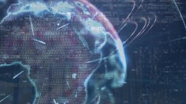 Mavi ekranda dönen dünya üzerinde grafiklerin ve finansal verilerin animasyonu. küresel finans, ekonomi, iş ve dijital arayüz kavramı dijital olarak oluşturulmuş video.