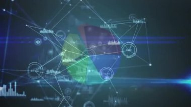 Bağlantılar ağı ve koyu mavi arka plan üzerinden grafiklerin ve finansal verilerin animasyonu. küresel finans, ekonomi, iş ve dijital arayüz kavramı dijital olarak oluşturulmuş video.