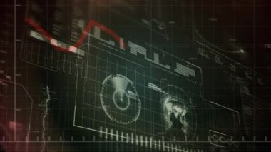 Siyah ekran üzerinde kırmızı grafik ve çeşitli verilerin animasyonu. küresel finans, ekonomi, iş ve dijital arayüz kavramı dijital olarak oluşturulmuş video.