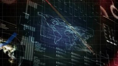 Değişik veri işleme animasyonları, dünya haritası ve kırmızı ışıklı siyah ekrandaki dünya. küresel finans, ekonomi, iş ve dijital arayüz kavramı dijital olarak oluşturulmuş video.