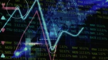 Mavi ve siyah ekran üzerinde grafiklerin ve finansal verilerin animasyonu. küresel finans, ekonomi, iş ve dijital arayüz kavramı dijital olarak oluşturulmuş video.