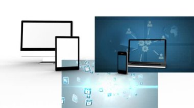 Tablet, akıllı telefon ve bilgisayar videoları dijital simgeler ve veri işleme. teknoloji ve veri işleme kavramı dijital olarak oluşturulmuş video.