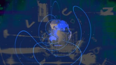 Koyu mavi uzayda dönen dünyadan yayılan mavi dalgaların animasyonu. küresel bağlantılar, bilgi, iletişim ve teknoloji konsepti dijital olarak oluşturulmuş video.