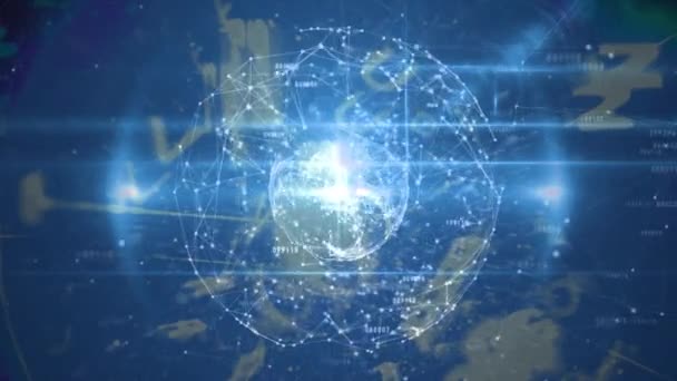 青い背景に地球上を回転する接続のネットワークのアニメーション 世界的なつながり情報通信技術の概念デジタルで生成されたビデオ — ストック動画
