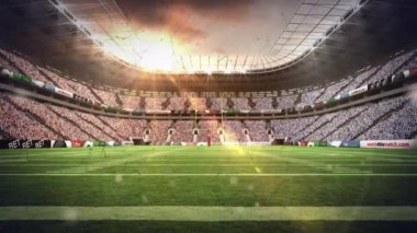 Gün batımında stadyumun üzerinde yanıp sönen ışıklar. küresel spor ve yarışma konsepti dijital olarak oluşturulmuş video.
