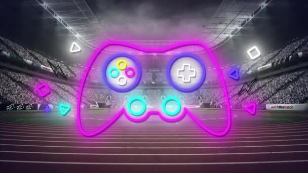 Animação Neon Gaming Pad Sobre Estádio Esportes Globais Competição Jogos — Vídeo de Stock