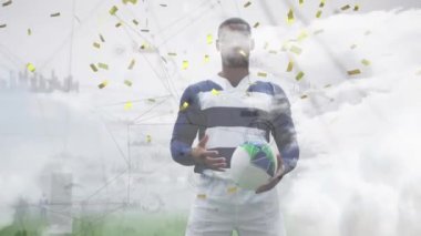 Çift ırklı voleybol oyuncusu üzerinden konfeti ve veri işleme animasyonu. küresel spor ve yarışma konsepti dijital olarak oluşturulmuş video.