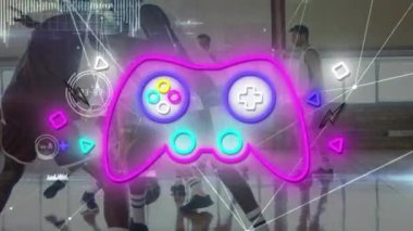 Sahadaki çeşitli erkek basketbol oyuncuları üzerinde neon oyun sahası animasyonu. global spor, rekabet, oyunlar ve teknoloji konsepti dijital olarak oluşturuldu.