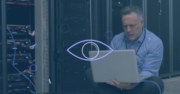 Animation Violet Shapes Eye Stressed Caucasian Man Working Laptop Server — Stock Video
