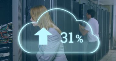 Animation of cloud with increasing number over stressed caucasian woman standing at servers. cloud computing, data uploading, computers and technology concept digitally generated video.