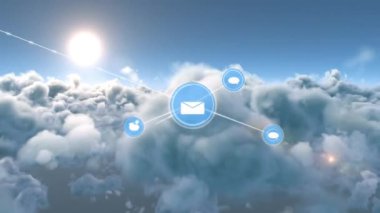 Gökyüzü üzerindeki bulutlarla bağlantı ağının animasyonu. küresel ağlar, bağlantılar ve dijital arayüz konsepti dijital olarak oluşturulmuş video.