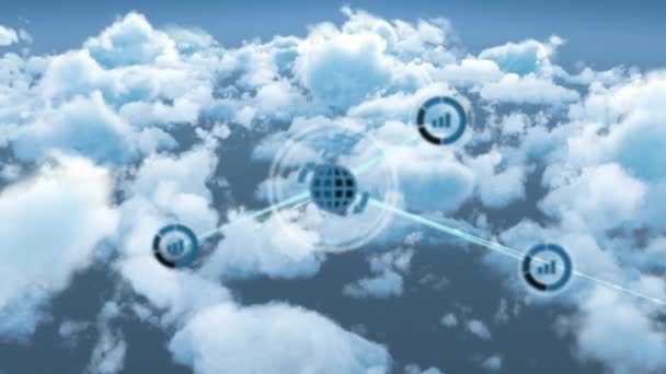 雲と空の上のアイコンとの接続のネットワークのアニメーション グローバルネットワーク接続デジタルインターフェースの概念デジタル生成されたビデオ — ストック動画