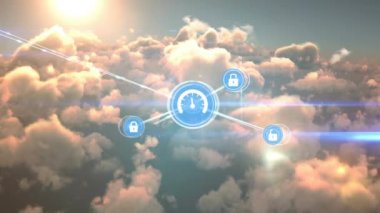 Gökyüzü üzerindeki bulutlarla bağlantı ağının animasyonu. küresel ağlar, bağlantılar ve dijital arayüz konsepti dijital olarak oluşturulmuş video.