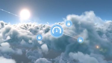 Gökyüzü üzerindeki bulutlarla bağlantı ağının animasyonu. küresel ağlar, bağlantılar ve dijital arayüz konsepti dijital olarak oluşturulmuş video.