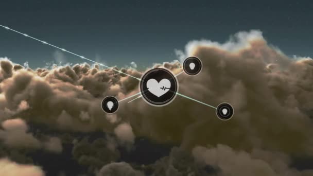 Κινούμενο Δίκτυο Συνδέσεων Εικονίδια Πάνω Από Τον Ουρανό Σύννεφα Παγκόσμια — Αρχείο Βίντεο