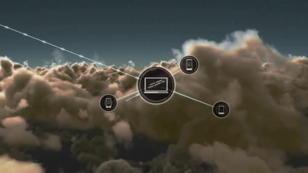 雲と空の上のアイコンとの接続のネットワークのアニメーション グローバルネットワーク接続デジタルインターフェースの概念デジタル生成されたビデオ — ストック動画