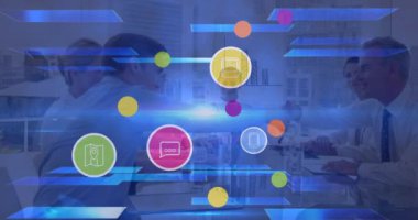 Çeşitli iş adamları üzerinde dijital simge ağının animasyonu. küresel iş, finans, ağ kurma ve dijital arayüz kavramı dijital olarak oluşturulmuş video.