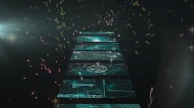 Altın konfetilerin düşmesi ve havai fişeklerin birden fazla ekranda patlayıp veri işlemesi. dijital arayüz ve teknoloji kavramı