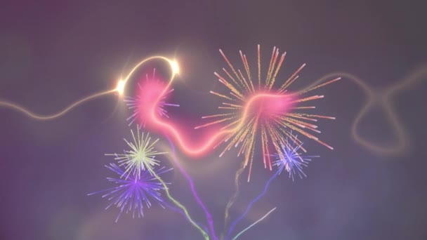 Cyfrowa Animacja Szlaku Świetlnego Poruszającego Się Fajerwerkach Eksplodujących Fioletowym Tle — Wideo stockowe