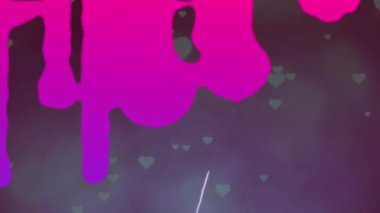 Kalp simgelerinin düşmesi ve havai fişeklerin siyah arka planda patlaması üzerine boya lekeleri. teknoloji arkaplan kavramı