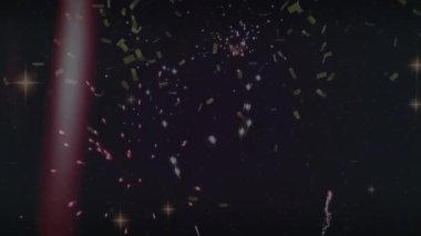 Dijital konfeti düşüşü, ışık noktaları ve havai fişeklerin siyah arka planda patlaması. teknoloji arkaplan kavramı