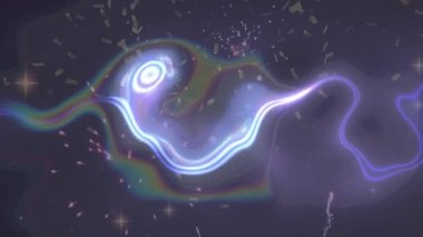 Dijital animasyon konfetilerin düşüşü, parlayan yıldızlar ve siyah arkaplana karşı dijital dalgalar. teknoloji arkaplan kavramı