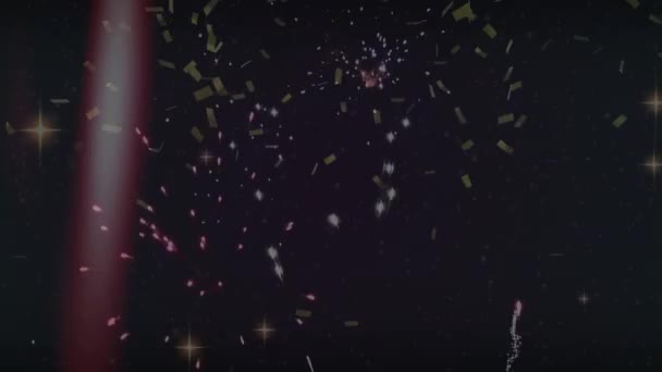 Digitale Animation Von Konfetti Lichtflecken Und Feuerwerk Die Auf Schwarzem — Stockvideo